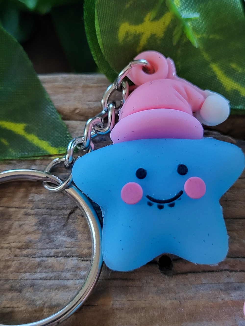Cute Blue Silicone Star KeyRing with Pink Hat